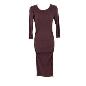 Michael Stars Christina 3/4 Sleeve Ribbed Midi Dress XS Oak Brown Stretch NWT